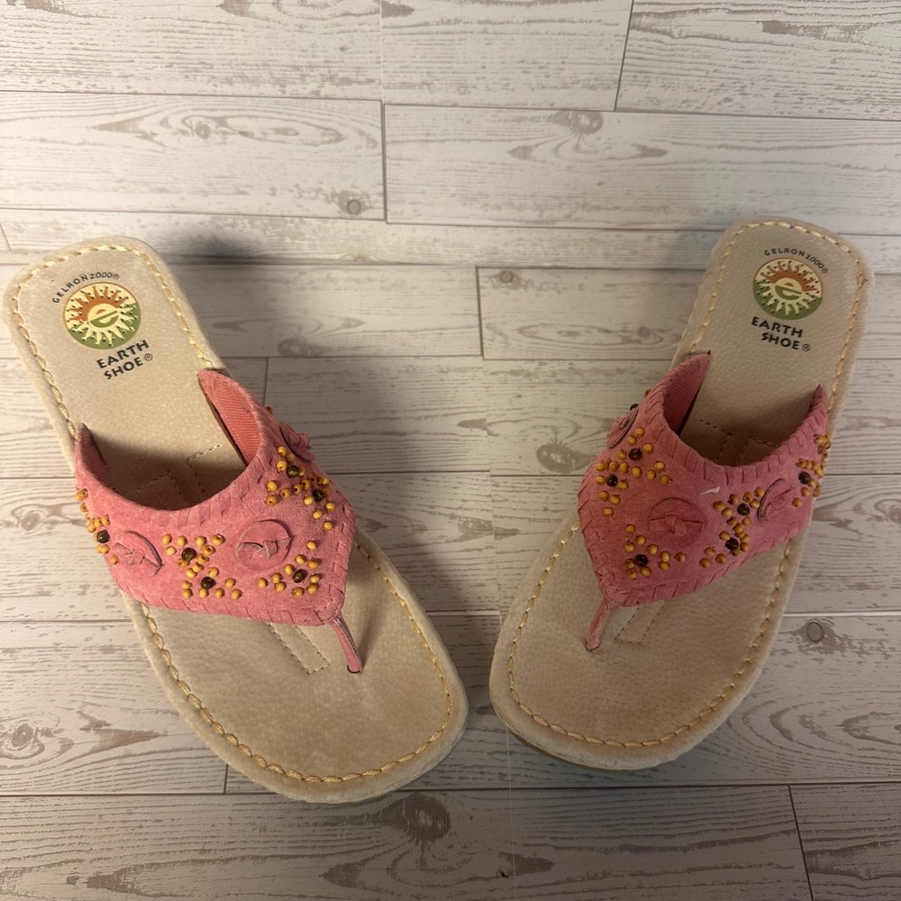 Earth Shoe Lily Pink Suede Beaded Wedge Sandals Womens 9 Boho Platform Thong